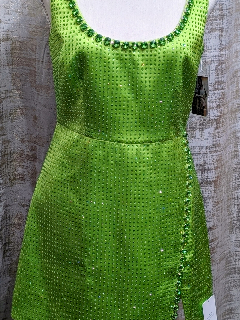 Self Portrait Green Hotfix Scoop Neck Satin Mini Dress NWT Size 6 AW22-945G
